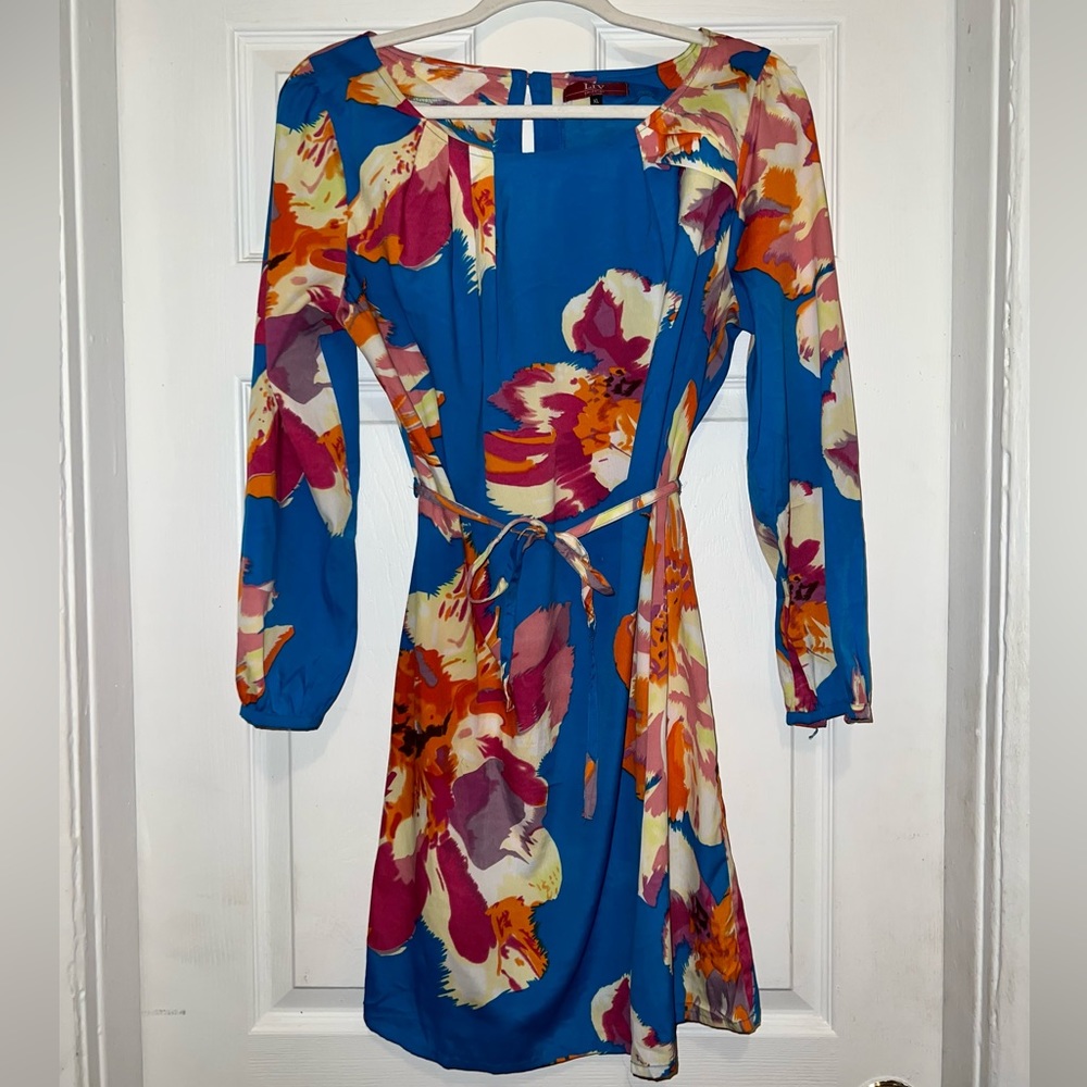 Bright Midi Long Sleeve Shift Dress With Large Pink Flowers and String Belt